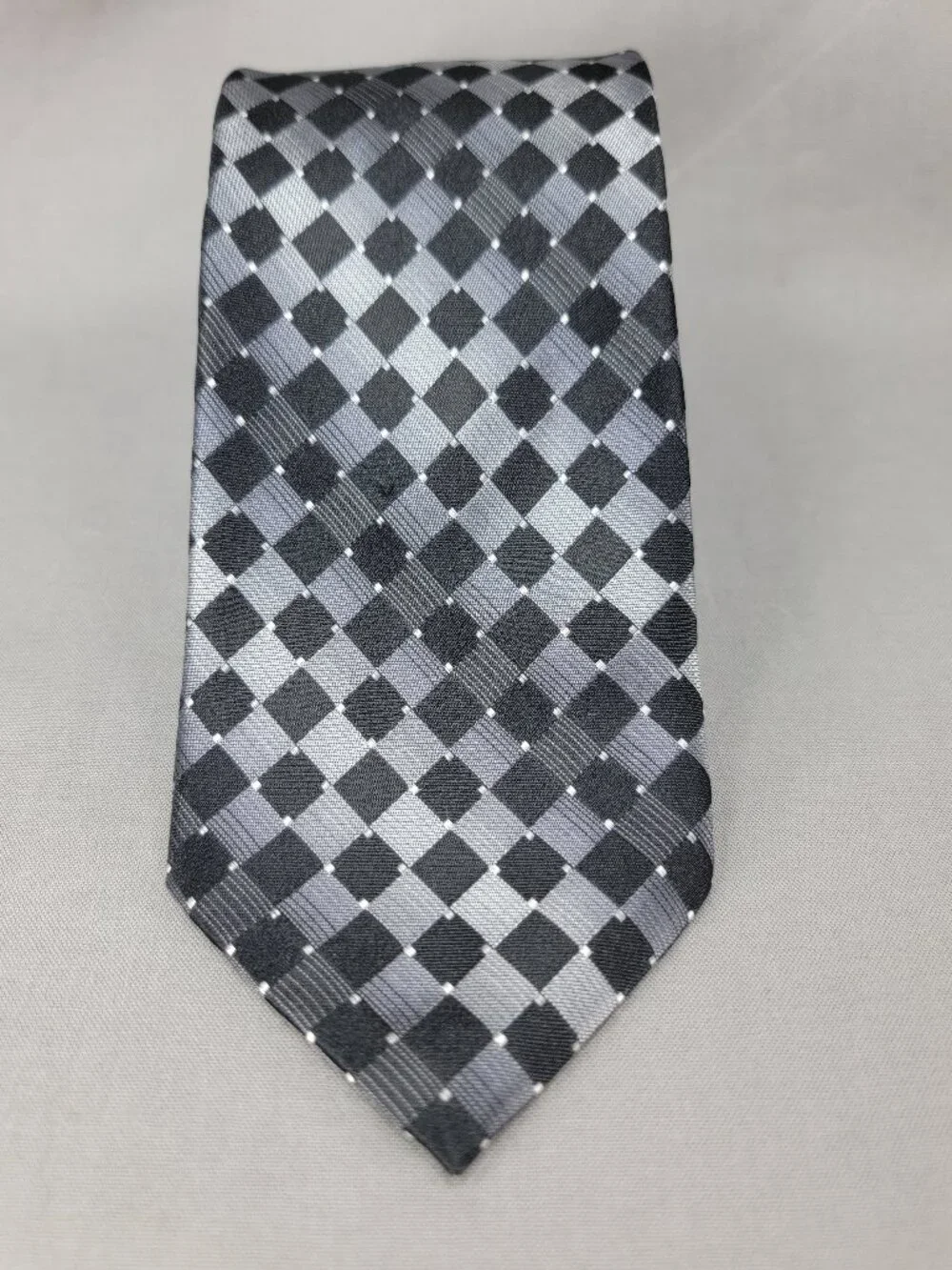 Pierre Cardin Silk Necktie Tie Mens Black Silver Geometric Square Diamond
